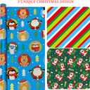 CAMKUZON Christmas Foil Wrapping Paper with Cut Lines on Reverse 3 Rolls Pack - Dancing Santa Claus, Colorful Stripes and Assorted Christmas Characters - Holiday Wrapping Paper Bundle, 24 Inch X 144