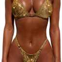 YAUASOPA Women Shiny Bikini Micro Sexy String Two Pieces Swimsuit Female Thong Swimwear (Medium, Gold)