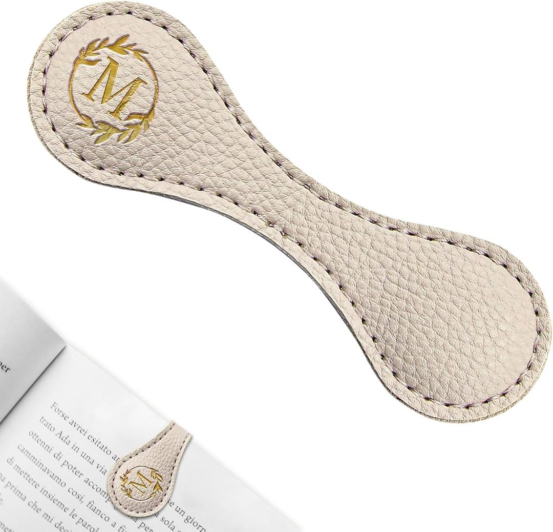 ABTOLS Magnetic Leather Initial Bookmarks, Vintage Initial ID Identification Book Marker Clip Gift Beige Capital Letter Book Markers for Book Lover Avid Readers (M)