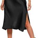 Womens Satin Silk High Waist Slit Midi Skirt Elastic Waistband Midi Skirts for Women (Black, Large)