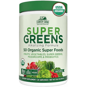 Country Farms Super Greens Natural Flavor, 50 Organic Super Foods, USDA Organic Drink Mix, Fruits, Vegetables, Super Greens, Mushrooms & Probiotics, Supports Energy, 40 Servings, 10.6 Oz, EXP: 06/2029