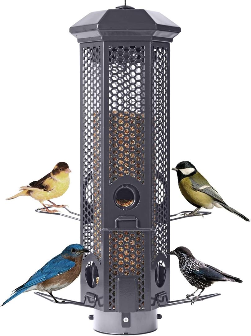Squirrel Proof Bird Feeders with Removable Base, Metal Wild Bird Feeder for Outdoors Hanging, 6 Weight-Activated Ports Perches, 3LB Seed Capacity(Gray)
