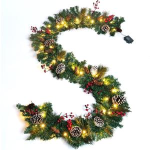 Kurala Christmas Garland with 8 Lighting Modes 9FT Battery Operated, Artificial Mixed with Pine Cones, Red Berries, 50 LED Lights