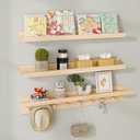MBYD Natural Wood Shelf with Hooks, Floating Shelves for Wall Bathroom Shelves, Wall Mounted Nursery Bookshelf for Kids Room, Toy Storage Shelf for Bedroom Picture Ledge Shelves (Natural, 36 Inch)