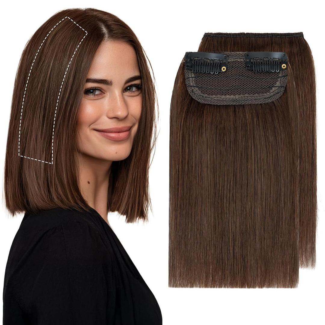 Charites Clip in Hair Extensions Real Human Hair Short Extensions for Women Adding Volume 2 Pcs Invisible Clip on Hairpieces with Thinning 6 Inch Medium Brown