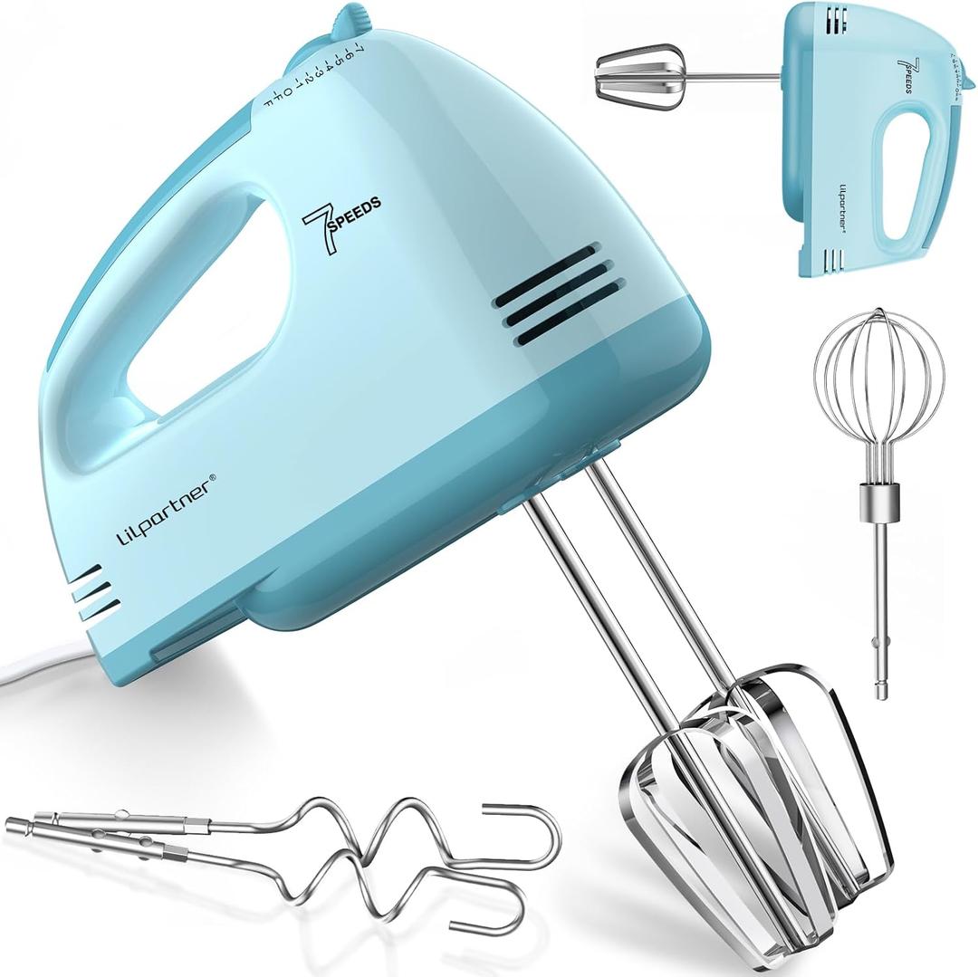 LILPARTNER Hand Mixer Electric, Ultra Power Kitchen Hand Mixer With 7-Speed & 5 Stainless Steel Accessories for Whipping Dough, Cream, Cake, Dishwasher Safe, Blue