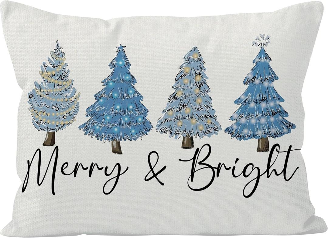 QGFM Pink Christmas Pillow Covers 18x18，Pink Christmas Tree Throw Pillow Covers Decorations for Bedroom Room Sofa, Pink Christmas Decor, Lumbar Christmas Pillow Cover (Blue Christmas Tree, Pack of 2)