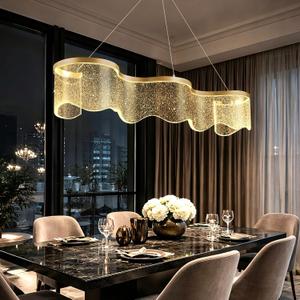 Modern LED Chandelier, Wave-Shaped Pendant Light with Gold Frame and Starry Acrylic Shade, Dimmable Ceiling Light Fixture for Dining Room, Kitchen Island, Living Room, Bedroom, Wavy