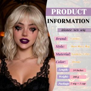 Blonde Wig with Bangs Short Blonde Bob Wigs for Women 14 Inch Platinum Blonde Curly Wig Wavy Synthetic Wigs Shoulder Length Natural Cosplay Wigs for Girl Daily Halloween Party Costume Wig