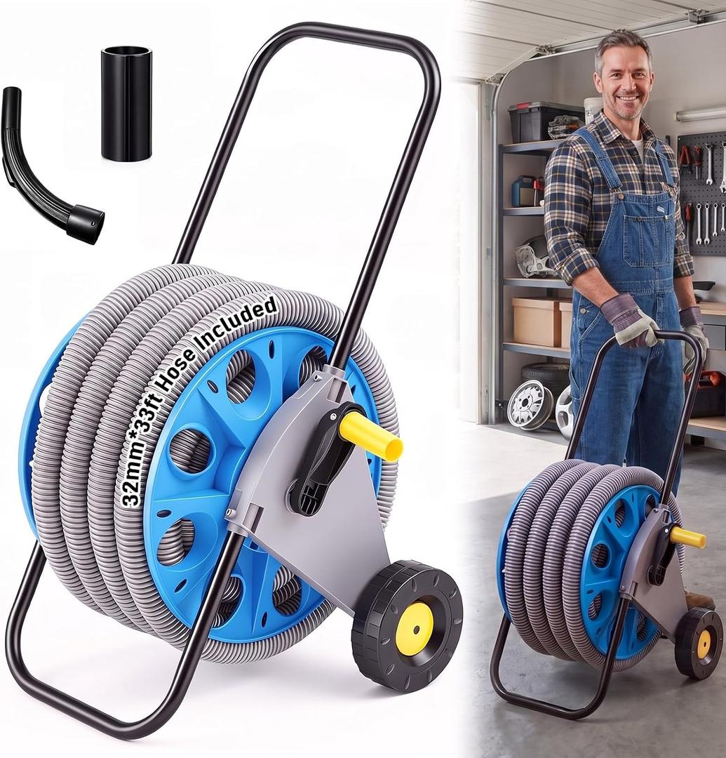 BBTO Vacuum Hose Reel Cart with Wheels, 33 FT Hose Storage for 32mm Vacuums