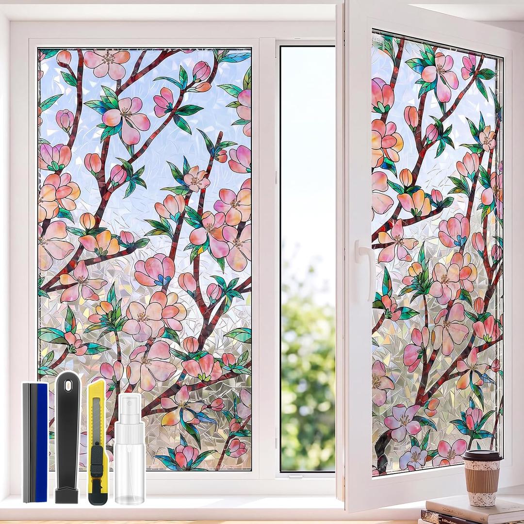 3D Rainbow Window Privacy Film, Decorative Stained Glass Static Cling Window Tint, Non-Adhesive Heat Control Window Film for Home Glass Windows 29.5"x157"