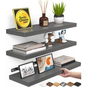 BAYKA Grey Floating Shelves for Wall, Wall Mounted Rustic Wood Shelves for Bathroom, Bedroom, Living Room, Kitchen,Small Hanging Shelf for Books/Storage/Room Decor (Set of 3, 15.7in) (E. Grey - Industrial Edge Style)