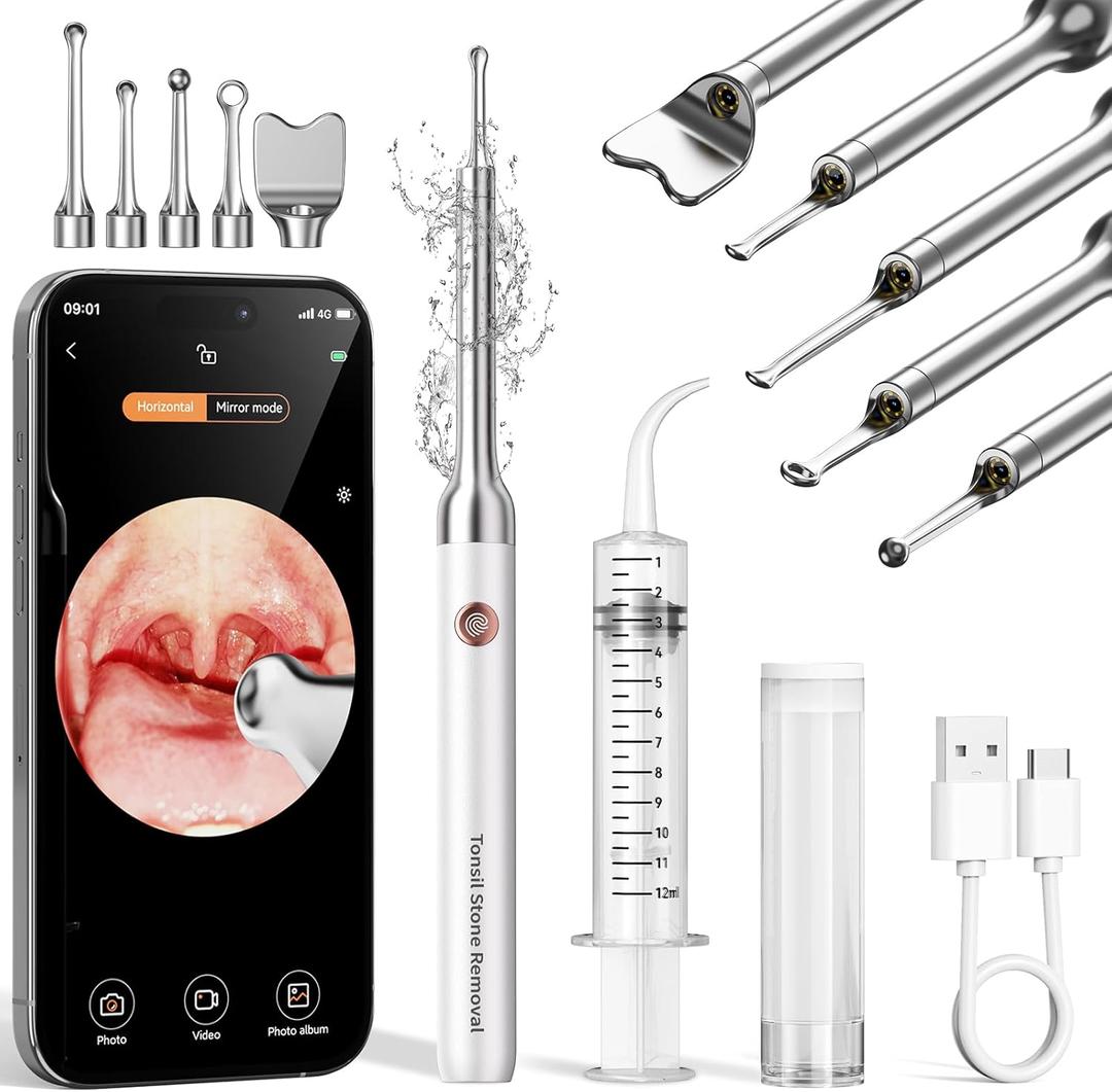 Upgraded Tonsil Stone Remover with Camera, Visual Tonsil Stone Removal Kit with 6 LED Light, Tonsil Stone Removal Tool Camera with 1080P, 5 Head Attachments, for iOS & Android (White)