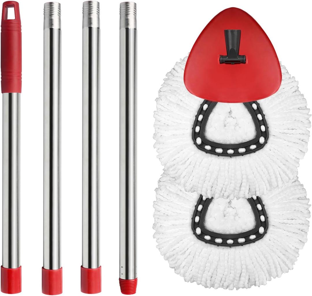 2 Spin Mop Head Replacement, 1 Base, 1 Mop Handle (30-58in) Combo Mops Set Compatible with OCedar EasyWring RinseClean Microfiber Mops (White (1-Tank System))