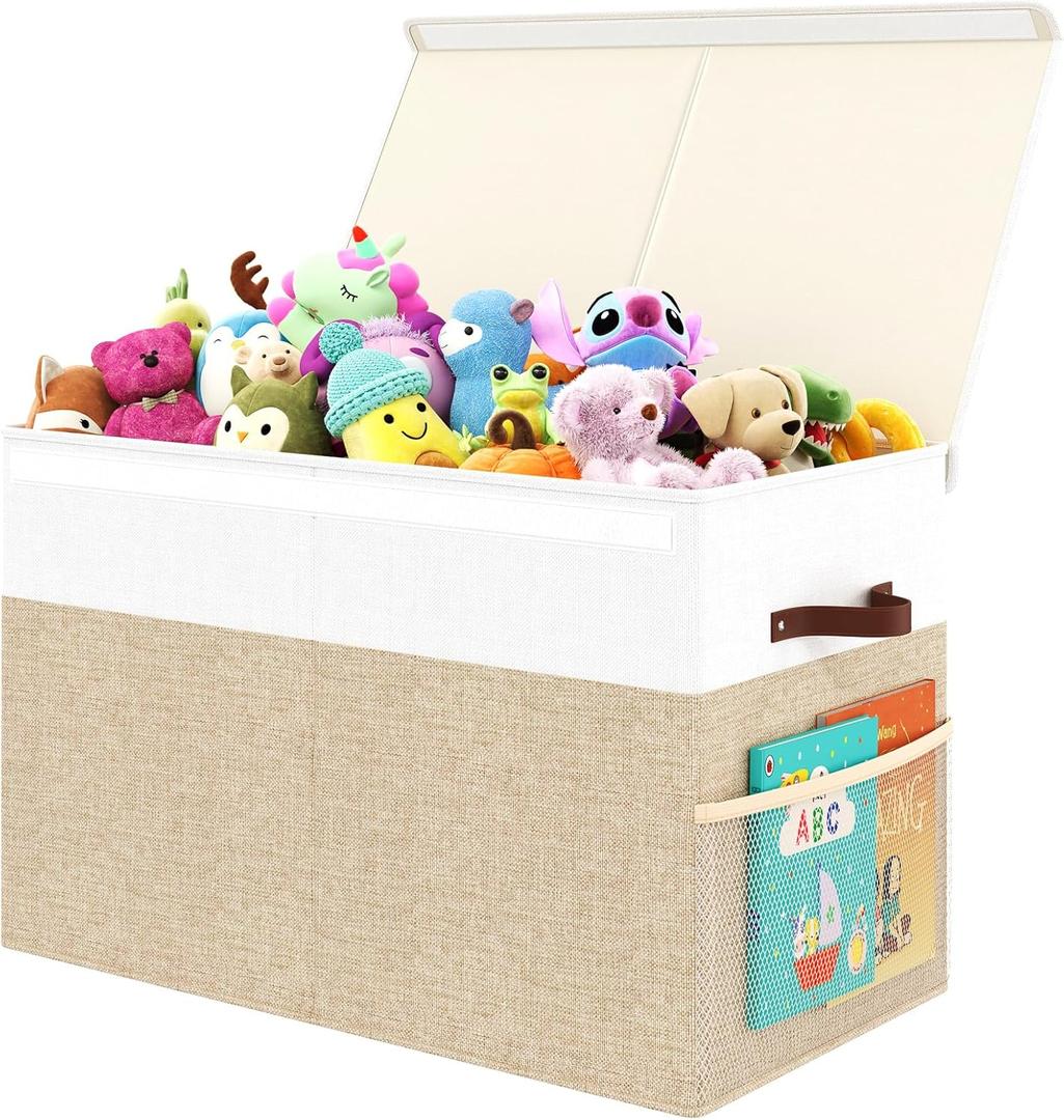 Large Toy Storage Box with Lid Upgraded Toy Storage Chest Organizer with Divider Foldable Toy Bin for Kids Boys Girls Playroom Nursery Bedroom (25"x13"x16") (Beige and White)