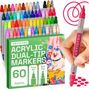 ARTISTRO 60 Acrylic Paint Markers for Rock, Fabric, Wood, Glass, Decoration - Dual-Tip Paint Pens for Coloring Books for Adults, Teens, Kids - Art and Craft Supplies Kit - Gift Idea