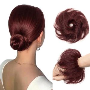 Human Hair Ponytail Fluffy Fake Hair Ponytail #99J Wine Red Elastic Bun Scrunchies 100% Real Hairpieces for Women Wavy Curly Durable Bun Extension (#99J Wine Red)