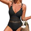 Charmo Crochet One Piece Swimsuits for Women V Neck Strappy Bathing Suit Hollow Out Monokini Swimwear (Medium,black)