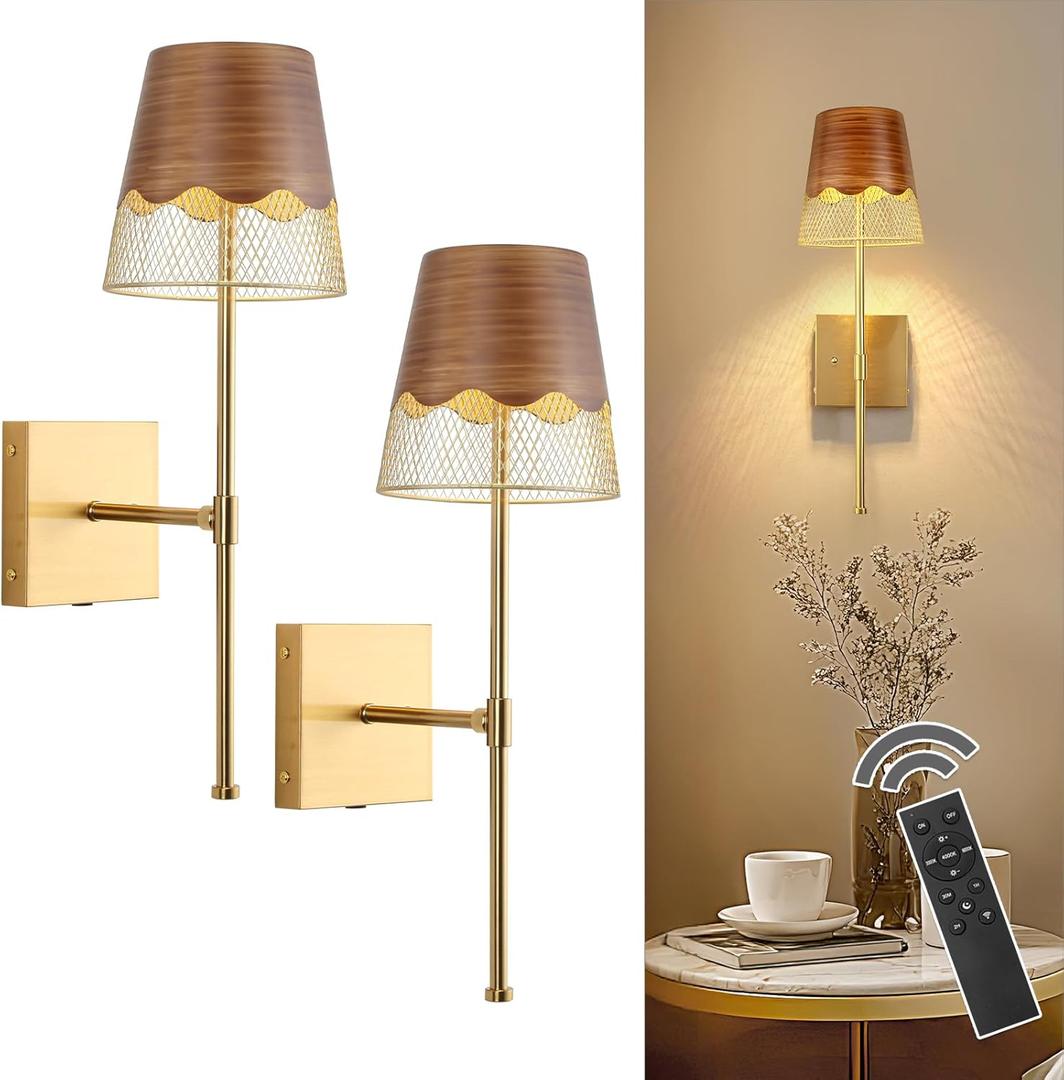 Gold Battery Operated Wall Sconces Set of 2, Cordless LED Wall Lights with Touch and Remote,Stepless Dimmable and Rechargeable Lighting for Living Room, Bedroom,Bathroom,Hallway,Gifts
