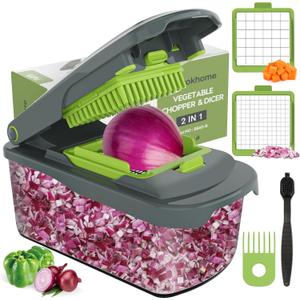 Ourokhome Vegetable Chopper Cutter with Container, Manual Hand Food Veggie Dicer with 2 Chopping Blades for Potato Strips, Onion Cubers, Carrot Sticks, Essential Kitchen Gadgets (2 in 1, Gray) (2 blades, Green)