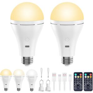Brightown E26 Rechargeable Light Bulb with Remote and Timer, Battery Backup Bulb for Sconces and Lamps, Hanging LED Light Bulb with Hook for Camping Tent, Dimmable, 3 Color Temperatures, 2 Pack
