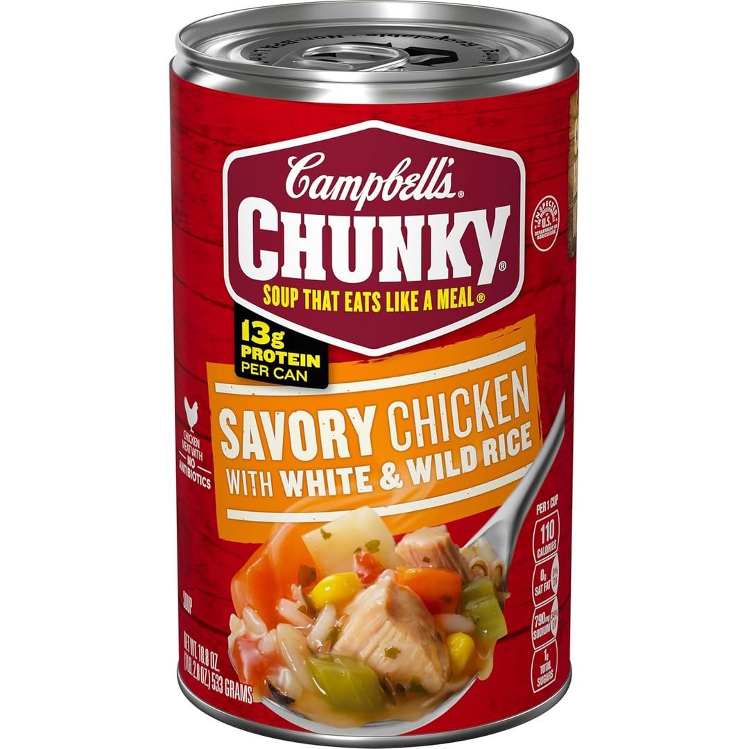 Campbell's Chunky Soup, Savory Chicken with White and Wild Rice Soup, 18.8 Oz Can 12 Pack 08MAY27