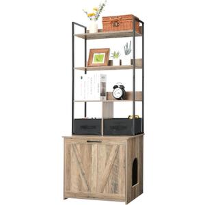 Dwanton Litter Box Enclosure with 3 Storage Shelves and 2 Drawers, 2-in-1 Hidden Cat Litter Box Enclosure Furniture with Shelf, Reversible Entrance, Washable Drawers, 61.8-Inch, Greige