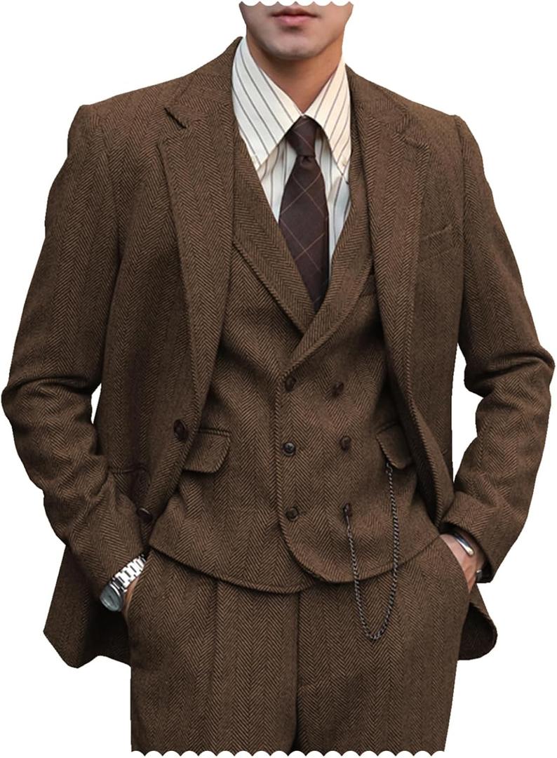 Mens Formal Tweed Wool 3 Piece Wedding Slim Fit Suit Prom Tuxedos Groomsmen, Brown, Large