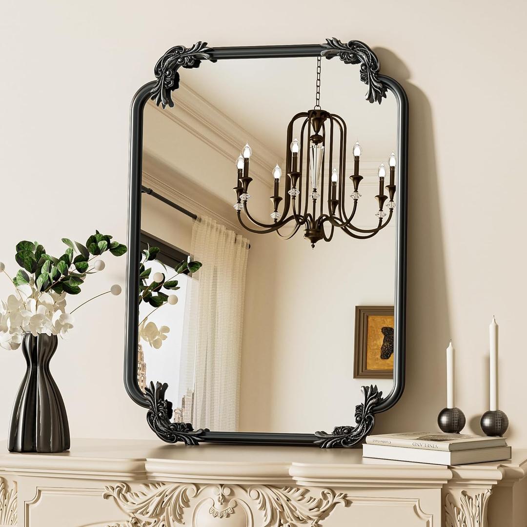 TETOTE Antique Black Rectangle Mirror for Wall 22 x 30 Vintage Baroque Scroll Rounded Corner Frame French Mantle Mirror for Fireplace Bathroom Living Room Bedroom Decor, Horizontal/Vertical
