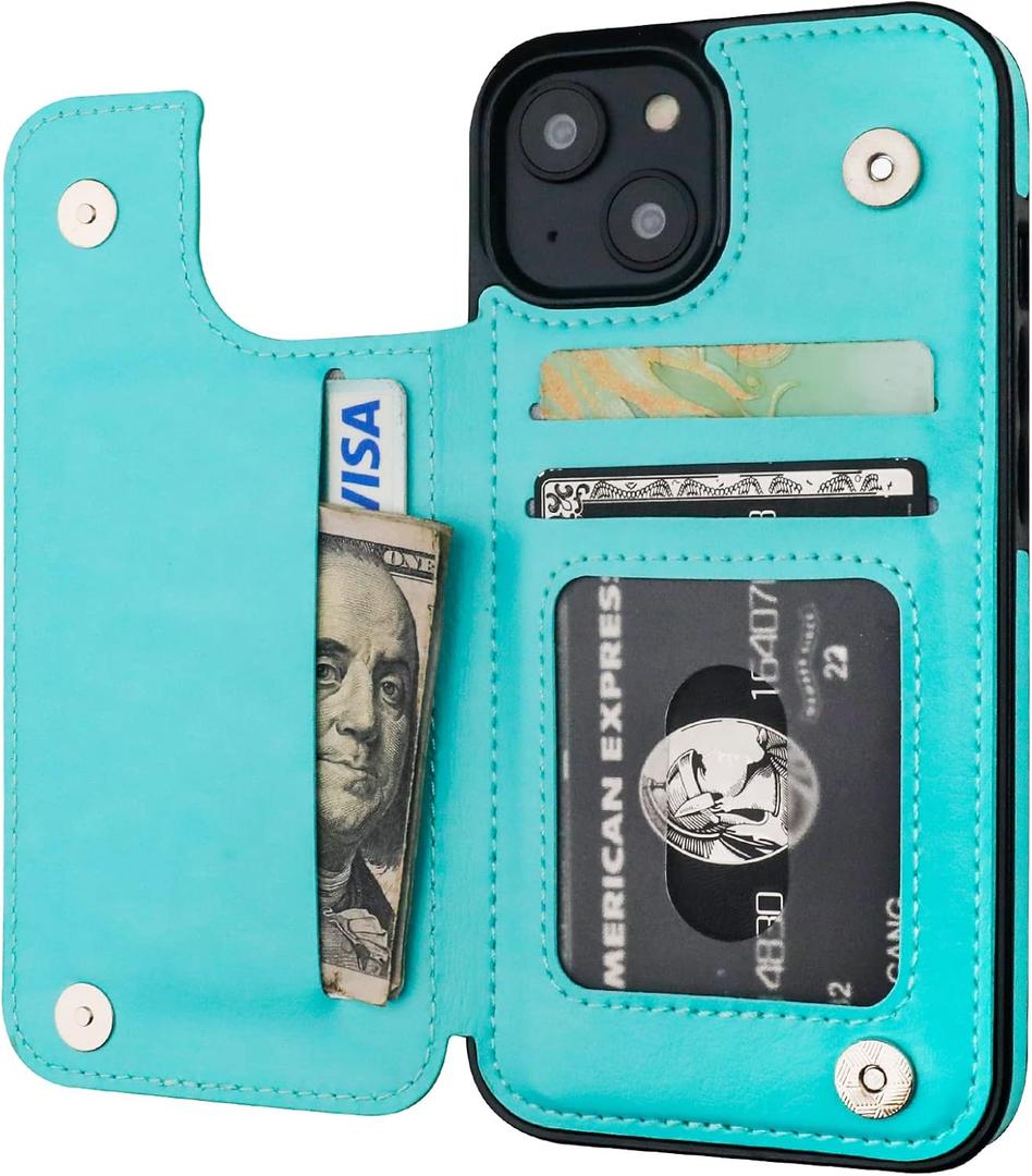 ONETOP Compatible with iPhone 14 Wallet Case with Card Holder, PU Leather Kickstand Card Slots Case, Double Magnetic Clasp and Durable Shockproof Cover 6.1 Inch (Light Blue)