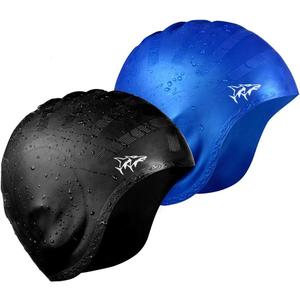 Swim Cap for Long Hair 2 Pack Thicker Design Solid Silicone Waterproof Swimming Caps for Woman Adults and Men (Black+Blue)