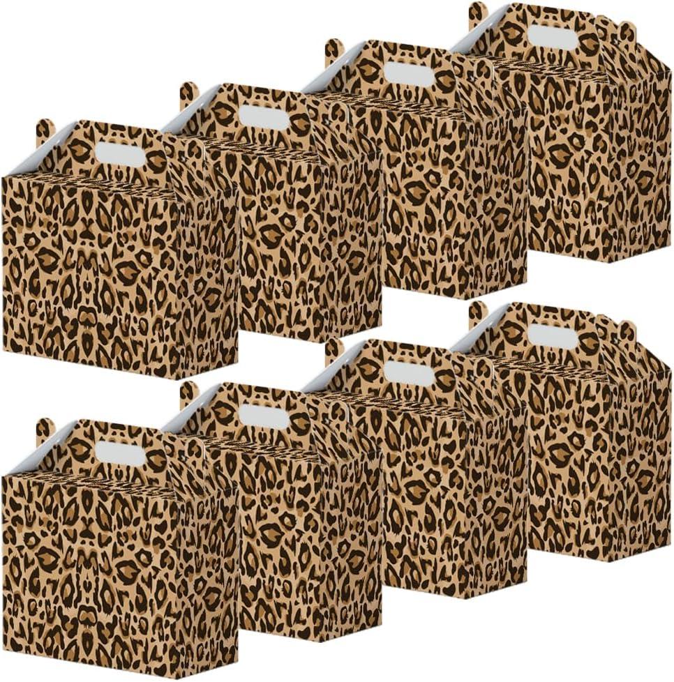 16 Pcs Cheetah Print Birthday Party Favor Boxes - Leopard Print Party Gift Paper Boxes with Handles, Jungle Safari Themed Decorations for Animal Presents Decorations Supplies(16-Leopard-boxes)