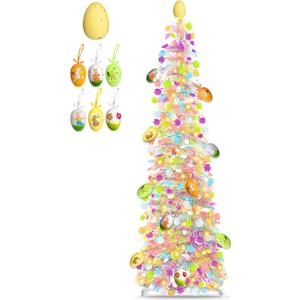 Timer - Easter Decorations, 5Ft Lighted Easter Tree with 50 LED Warm White Lights 12 Colorful Eggs Ornaments Battery Operated Easter Egg Tree Pop Up Tinsel Collapsible Tree for Home Porch Office Party