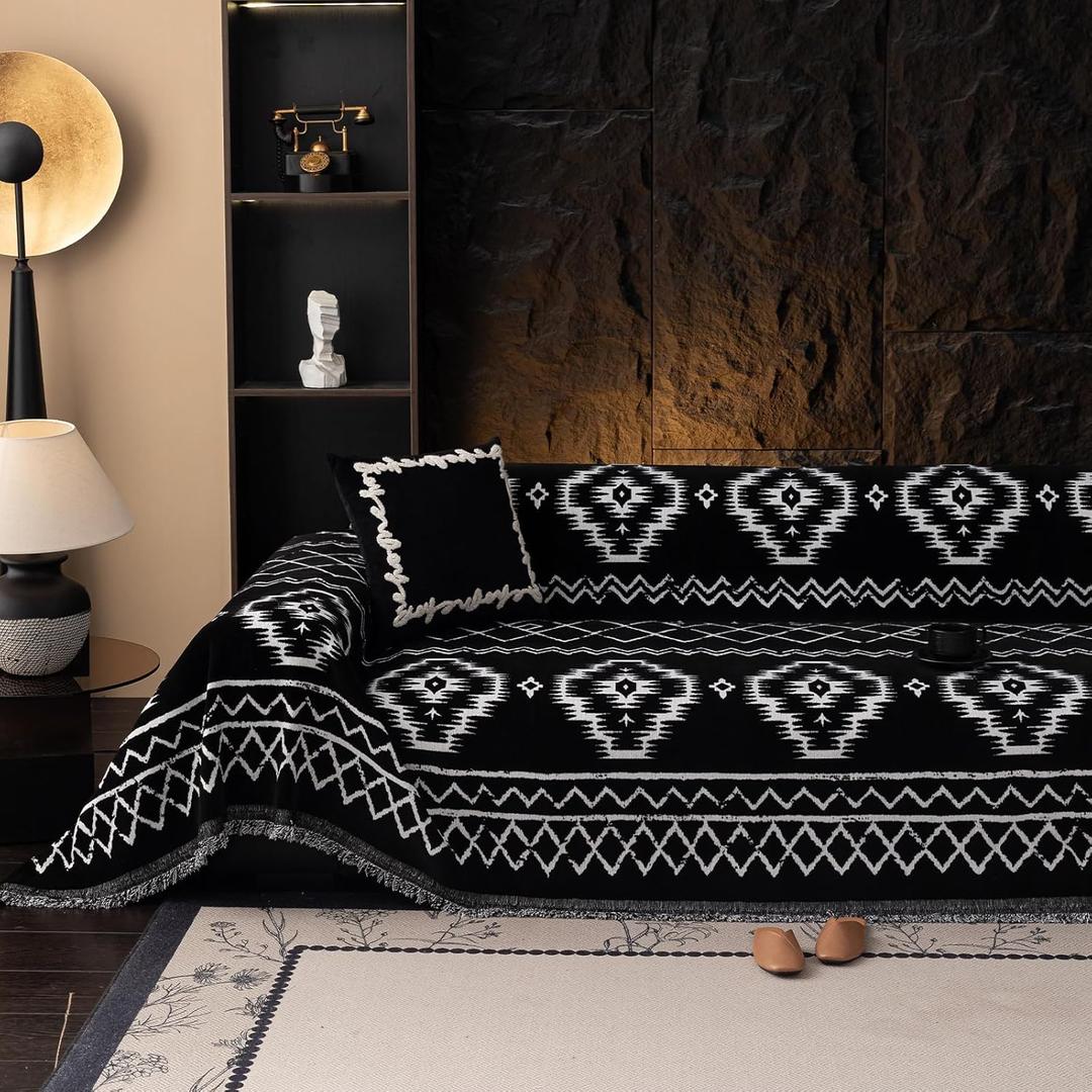 VClife Boho Couch Cover Chenille Sofa Cover for Sectional Sofa, Non Slip Couch Covers for 2 Seater Sofa Pet Friendly Sofa Protector with Tassel, Tribal Pattern Couch Slipcover, Black, 71"X118" (Large (71*118inch))