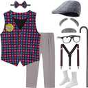 Old Man Costume for Kids 100 Days of School Costume Grandpa Outfit Vest and Pants for Boy (Medium(8-10yr), Grey)