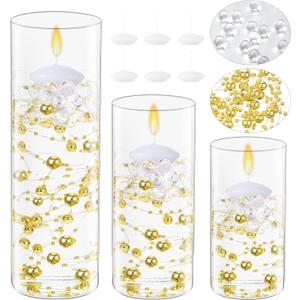 Shihanee 15 Pcs Clear Glass Cylinder Vases Centerpiece Flower Vase Candle Holder for Centerpiece Wedding Party Decor with Candles Faux Pearls String and Beads (Gold)
