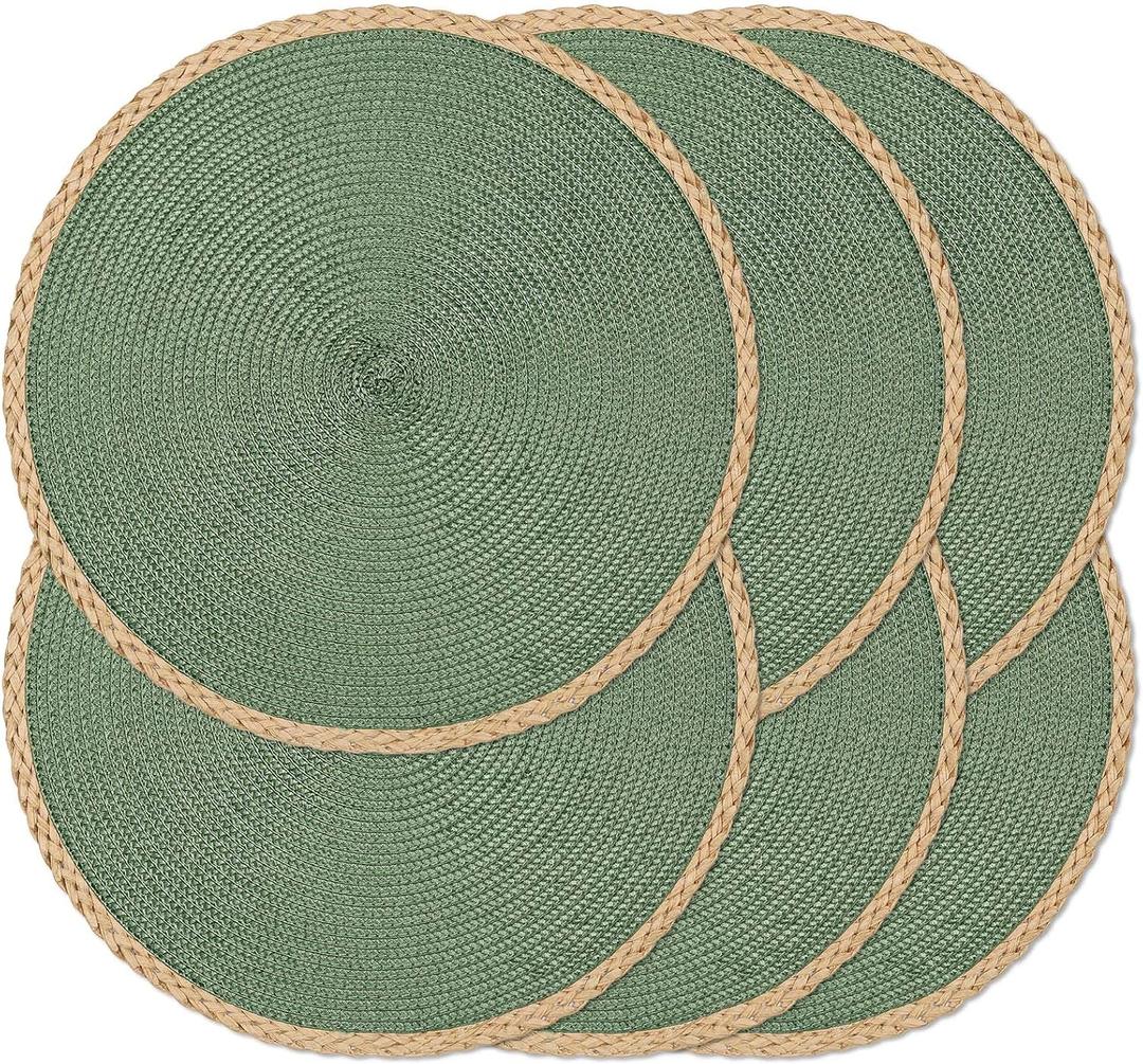 Noctiflorous Round Braided Placemats Set of 6 Table Mats 15 Inches Washable Heat Resistant for Dining Table Non-Slip Indoor Outdoor Place Mats for Thanksgiving Christmas Easter(Green Thin Edge 6)