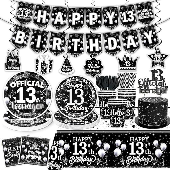 13th Birthday Decorations for Boys Tableware Set, Black Themed 13th Birthday, Banner Officially a Teenager Party Decorations for Kids Boys Teenager Favors