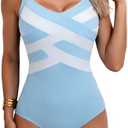 Aidonger One Piece Swimsuit for Women Modest Full Coverage Bathing Suit Slimming Color Block V Neck Swimwear, S