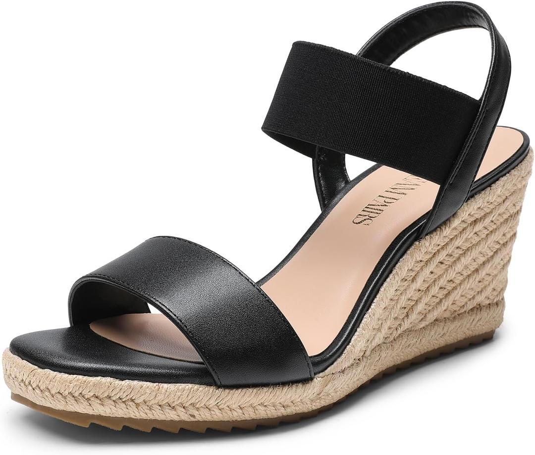 DREAM PAIRS Womens Open Toe Espadrilles Dressy Platform Sandals Slip on Elastic Ankle Strap Wedges Sandals (7.5, Black-pu)