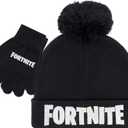 Fortnite Boys Winter Beanie Hat and Snow Gloves for Boys 2 Piece Set (5-13 Years, Black Silver)