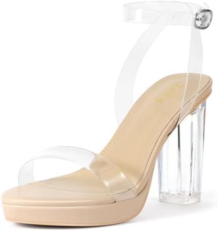 ZriEy 4-Inch Platform Clear High Heels for Women Block Chunky Heeled Sandals Open Toe Ankle Strap Heels Wedding Party Evening Prom Dress Pump Sandal Shoes Size 7M