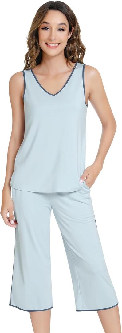 NACHILA Women's Pajamas-Viscose Made from Bamboo, Sleeveless Pajama Set Soft Tank Top Sleepwear Capri Pants Pjs, Medium 