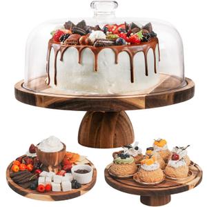 RosiRoli Acacia Wood Cake Stand with Lid, (2-in-1) Multi-Functional Serving Platter,12in Round Display Set & Charcuterie Board for Cheese, Dips, Nachos, Fruit Platter