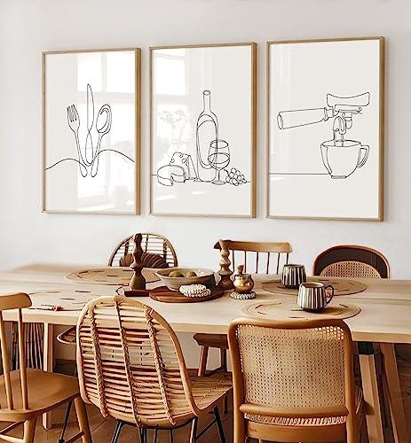 3Pcs Line Drawing Kitchen Wall Art, Modern Black White Minimalist Kitchen Abstract Line Art Posters Prints Dining Room Wall Decor Canvas Paintings Pictures Home Decoration, Unframed (line art, 16x24in