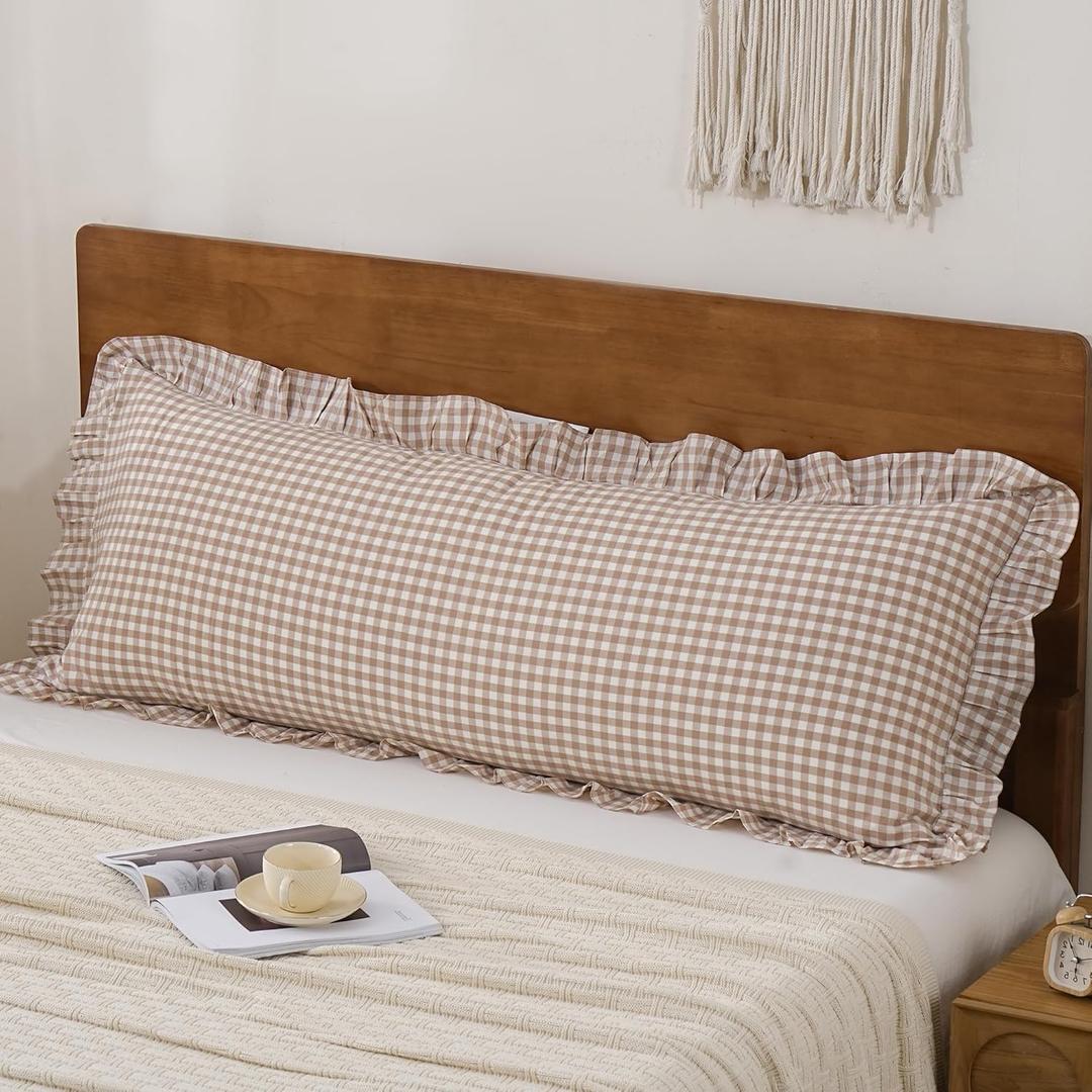 Tan Gingham Ruffle Body Pillow Case 100% Washed Cotton Like Linen Feel Soft Comfy 1 Pack Plaid Checkered Cute Fall Decorative Bedding Pillow Cover Sham (20x54 Inches, Envelope Closure)