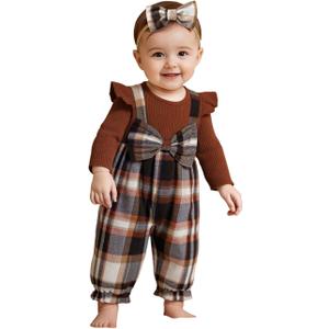 Newborn Baby Girl Plaid Outfits Long Sleeve Ruffle Jumpsuit One Piece Romper Infant Fall Winter Clothes (3-6 Months, Brown)