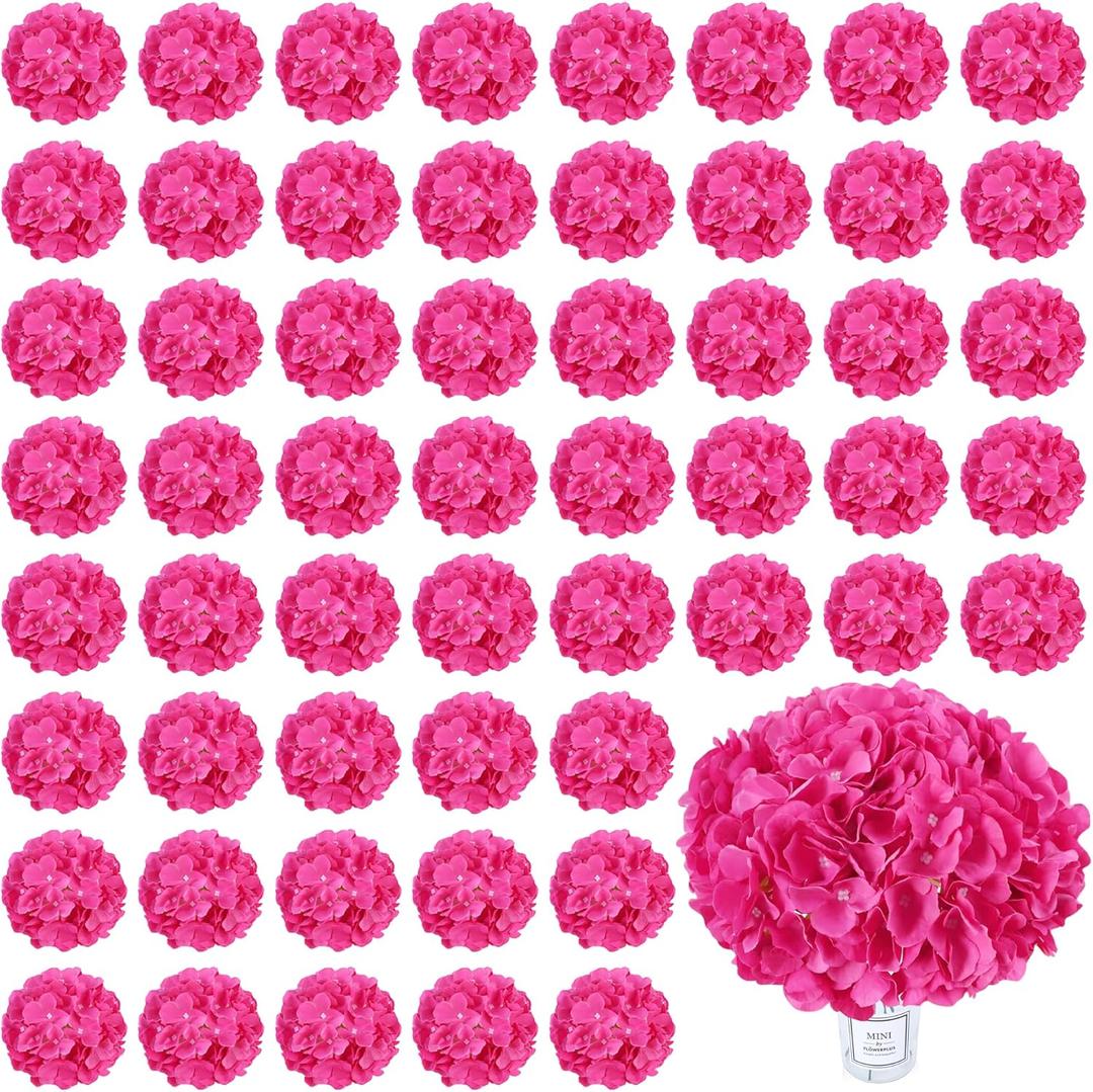 AVIVIHO 60 PCS Hot Pink Hydrangea Artificial Flowers Bulk (Not Squished) Realistic Fake Flowers Hydrangea Silk Flowers with Stems for Wedding Party Home Decor Table Centerpieces Florals Decoration