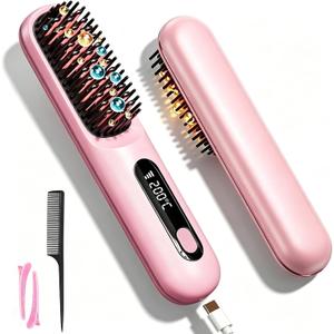 for Short Hair, Flown Cordless Hair Straightener Brush, 3 Temperature Settings, with MCH Heating & LED Display