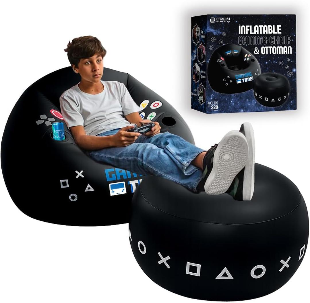 FranFusion Inflatable Gaming Chair for Kids & Teens with Cup Holders and Side Pocket - This Air Bean Bag Game Chair is The Perfect Furniture for Gamer Room Decor (Gaming Time with Ottoman)